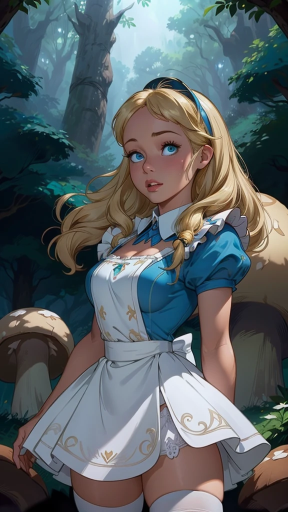(La mejor calidad,A high resolution,Ultra - detallado,actual),Alice Wonderland, vestido corto azul, medias white muslo, cabello largo amarillo, ,(Fondo de ruinas de mazmorra en ruinas bosque tenebroso cyberpunk :1.4 ), More detailed 8K.motor irreal:1.4,UHD,La mejor calidad:1.4, fotorrealista:1.4, textura de la piel:1.4, obra maestra:1.8,obra-prima, mejor calidad,objeto Objeto], (detailed face features:1.3),(Las proporciones correctas),  (pose vaquero),( Alice Wonderland:1.4), (Alice Wonderland V2.1), (perfect anatomy :1.4),( no mutaciones), (Alice Liddell Disney:1.4), (dynamic cowboy pose), (face detailed :1.4), (mostrando panties),(white stockings and suspenders), (cinematic lighting :1.4), score_9, score_8_up, score_7_up, score_6_up, rating_explicit, 1girl, ((18YO:1.2)), Adult, full lips, big clear eyes, blue eyes, ((blond hair:1)), (long wavy hair: 1.2),( orejas de coneja white:1.4 ), (forest background big trees and giant mushrooms neon :1.4), (skirt lifted by itself: 1.1), (skirt lift: 1.3), (showing white panties: 1.3),score_9, score_8_up, score_7_up, score_6_up, rating_explicit, 1girl, ((18YO:1.2)), Adult, full lips, big clear eyes,  blue eyes, ((blond hair:1)), (long wavy hair: 1.2),(face detailed V2.1) 