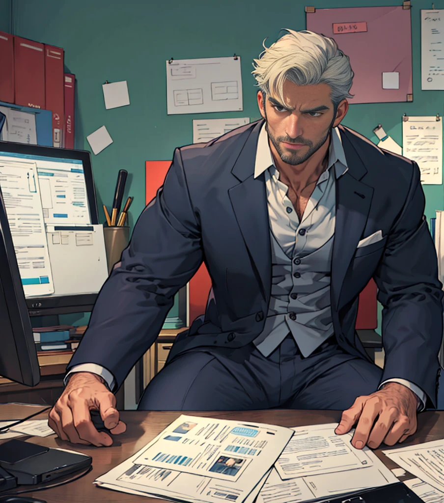 Ruggedly handsome older man, DILF, wearing suit. Dominant, Confident, gentleman, brooding, solo shot, sat on chair, office
