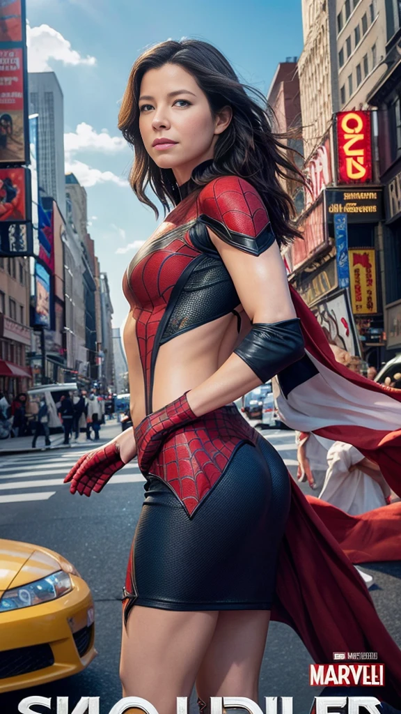 Evangeline Lilly、マーベルコミックの映画Poster、so beautiful、Movies about Spider-Man、sexy、whole body、Wearing a skirt、Premiere Date、Poster、belly buttonを突き出す、new york、She's wearing a ripped Spiderman suit、The suit is torn、Wearing a skirt、Red and black color scheme、dynamic、masterpiece、Highest quality、Super detailed、Very detailed、Delicate and beautiful shine、Ultra-high resolution、Cinematic、break、breakドロップ、(Torn clothes:1.5)、(Wet clothes:1.4)、Bare shoulders、Real Rain、Wet Hair、belly button、Exposed Skin、sexyな肩を披露