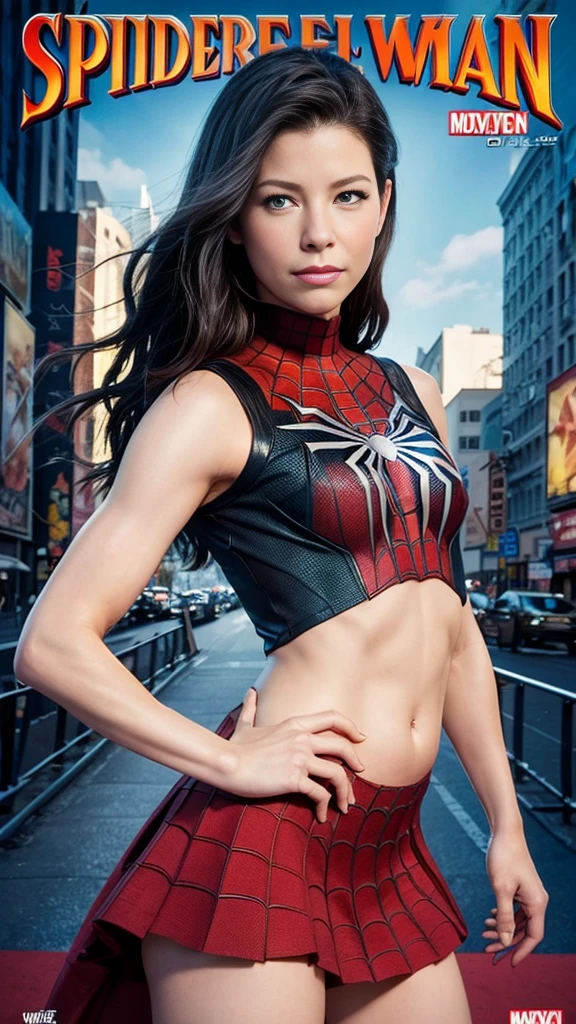 Evangeline Lilly、マーベルコミックの映画Poster、so beautiful、Movies about Spider-Man、sexy、whole body、Wearing a skirt、Premiere Date、Poster、belly buttonを突き出す、new york、She's wearing a ripped Spiderman suit、The suit is torn、Wearing a skirt、Red and black color scheme、dynamic、masterpiece、Highest quality、Super detailed、Very detailed、Delicate and beautiful shine、Ultra-high resolution、Cinematic、break、breakドロップ、(Torn clothes:1.5)、(Wet clothes:1.4)、Bare shoulders、Real Rain、Wet Hair、belly button、Exposed Skin、sexyな肩を披露