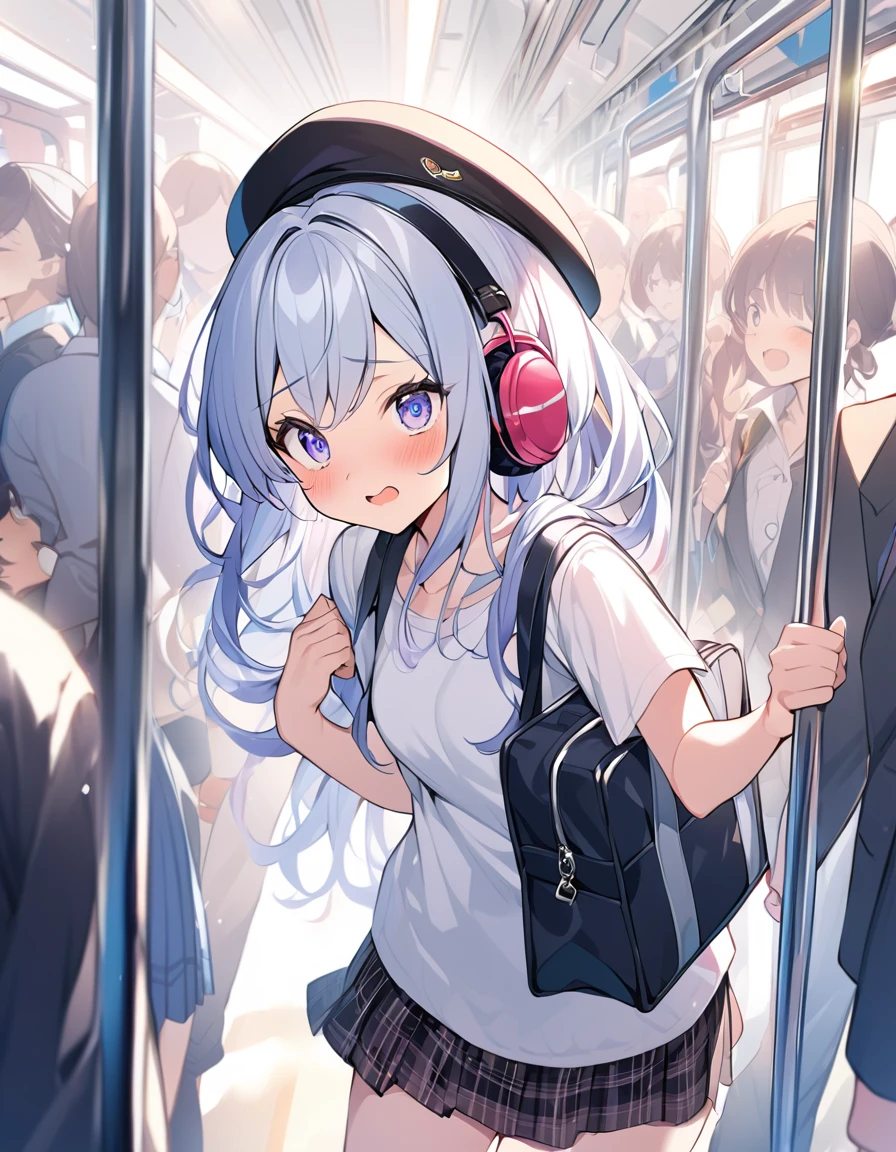 nsfw、BREAK Perfect Anatomy、Highest quality、(cute:1.1)、(cute)、(High resolution:1.2)、Unbelievably absurd:1.3、Incredible illustrations、(cuteイラスト:1.2)、(Beautiful background、Inside a crowded train)(1 girl) 、solo)、(10th Generation、JK)、slender、、、、Eye highlights、embarrassed、、1girl(beret、Cotton shirt、Check skirt、school bag、Headphones)