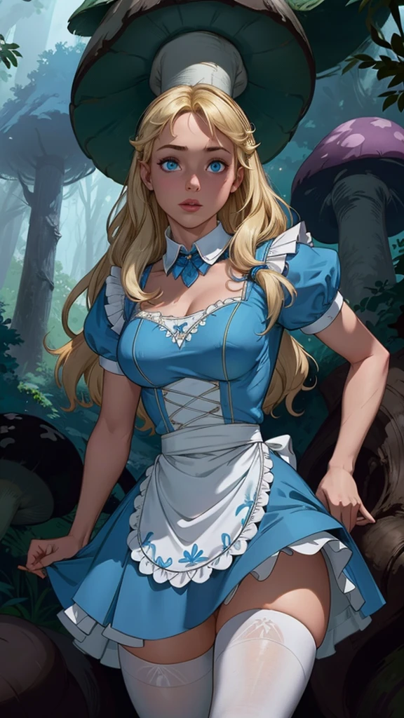 (La mejor calidad,A high resolution,Ultra - detallado,actual),Alice Wonderland, vestido corto azul, medias white muslo, cabello largo amarillo, ,(Fondo de ruinas de mazmorra en ruinas bosque tenebroso cyberpunk :1.4 ), More detailed 8K.motor irreal:1.4,UHD,La mejor calidad:1.4, fotorrealista:1.4, textura de la piel:1.4, obra maestra:1.8,obra-prima, mejor calidad,objeto Objeto], (detailed face features:1.3),(Las proporciones correctas),  (pose vaquero),( Alice Wonderland:1.4), (Alice Wonderland V2.1), (perfect  :1.4),( no mutaciones), (Alice Liddell Disney:1.4), (dynamic cowboy pose), (face detailed :1.4), (mostrando ),(white stockings and suspenders), (cinematic lighting :1.4), score_9, score_8_up, score_7_up, score_6_up, rating_, 1girl, ((18YO:1.2)), Adult, full lips, big clear eyes, blue eyes, ((blond hair:1)), (long wavy hair: 1.2),( orejas de coneja white:1.4 ), (forest background big trees and giant mushrooms neon :1.4), (skirt lifted by itself: 1.1), (skirt lift: 1.3), (showing white : 1.3),score_9, score_8_up, score_7_up, score_6_up, rating_, 1girl, ((18YO:1.2)), Adult, full lips, big clear eyes,  blue eyes, ((blond hair:1)), (long wavy hair: 1.2),(face detailed V2.1) 