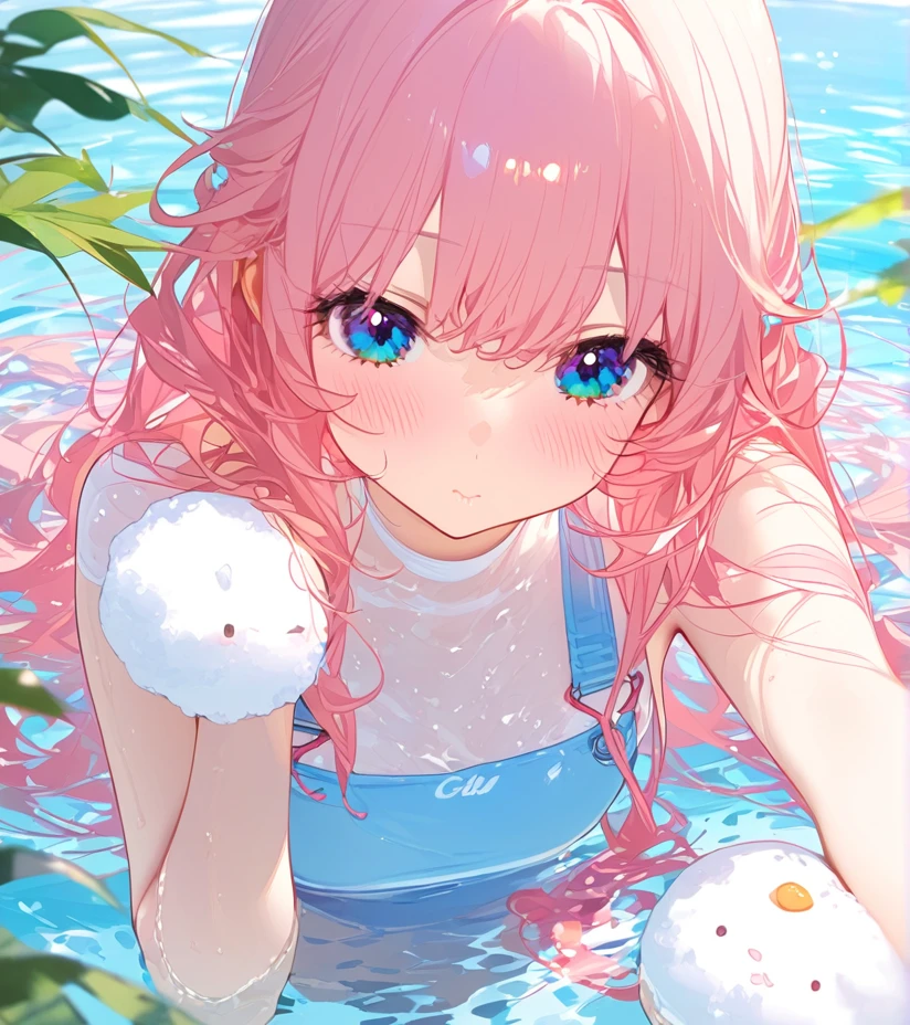 ((top-quality)), ((​masterpiece)), ((ultra-detailliert)), (extremely delicate and beautiful), (clear), Create an anime image of a girl with peachy hair and peachy eyes. Her hair is long and slightly wavy, with a few strands falling over her face. She is in a modern swimming pool, with clear blue water reflecting the sunlight. She is wearing a stylish, light blue swimsuit that complements her hair and eye color. The girl is standing waist-deep in the water, with her hair wet and clinging to her shoulders. She has a playful and cheerful expression, with a slight blush on her cheeks, as she splashes water with one hand. The background features a bright and sunny day, with a few fluffy clouds in the sky and some green plants around the pool area. The overall mood is fun and refreshing, capturing a lively summer day.