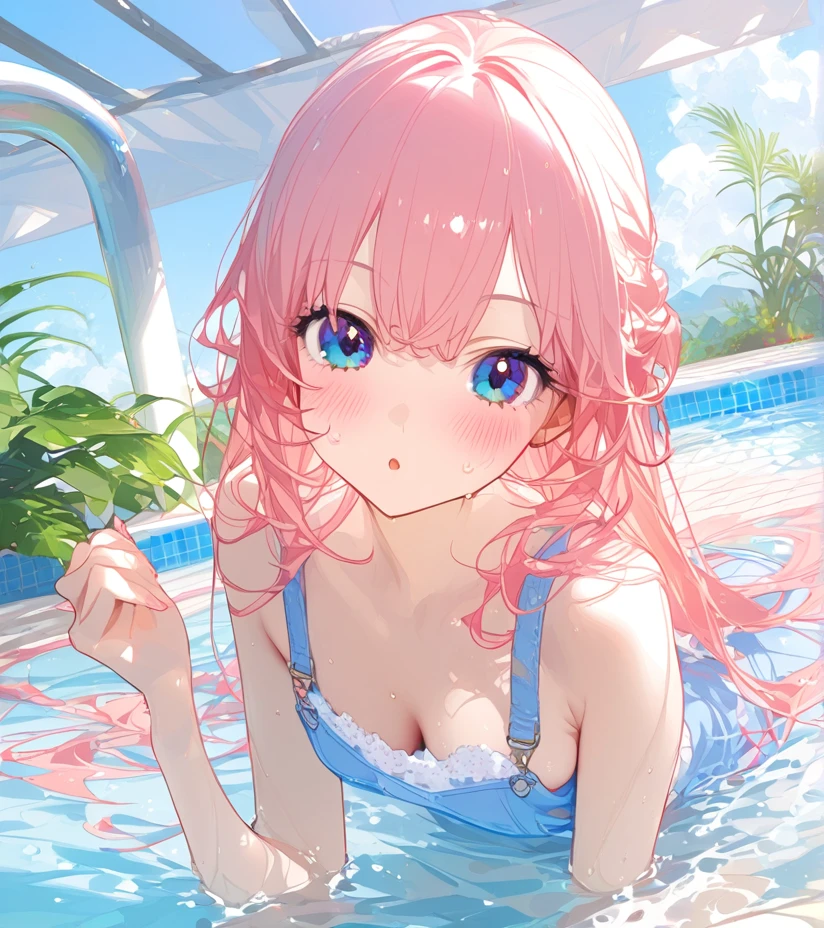 ((top-quality)), ((​masterpiece)), ((ultra-detailliert)), (extremely delicate and beautiful), (clear), Create an anime image of a girl with peachy hair and peachy eyes. Her hair is long and slightly wavy, with a few strands falling over her face. She is in a modern swimming pool, with clear blue water reflecting the sunlight. She is wearing a stylish, light blue swimsuit that complements her hair and eye color. The girl is standing waist-deep in the water, with her hair wet and clinging to her shoulders. She has a playful and cheerful expression, with a slight blush on her cheeks, as she splashes water with one hand. The background features a bright and sunny day, with a few fluffy clouds in the sky and some green plants around the pool area. The overall mood is fun and refreshing, capturing a lively summer day.