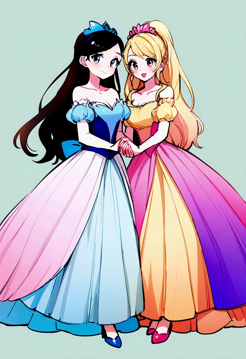 Two girls posing and holding hands wearing Disney princess dresses
