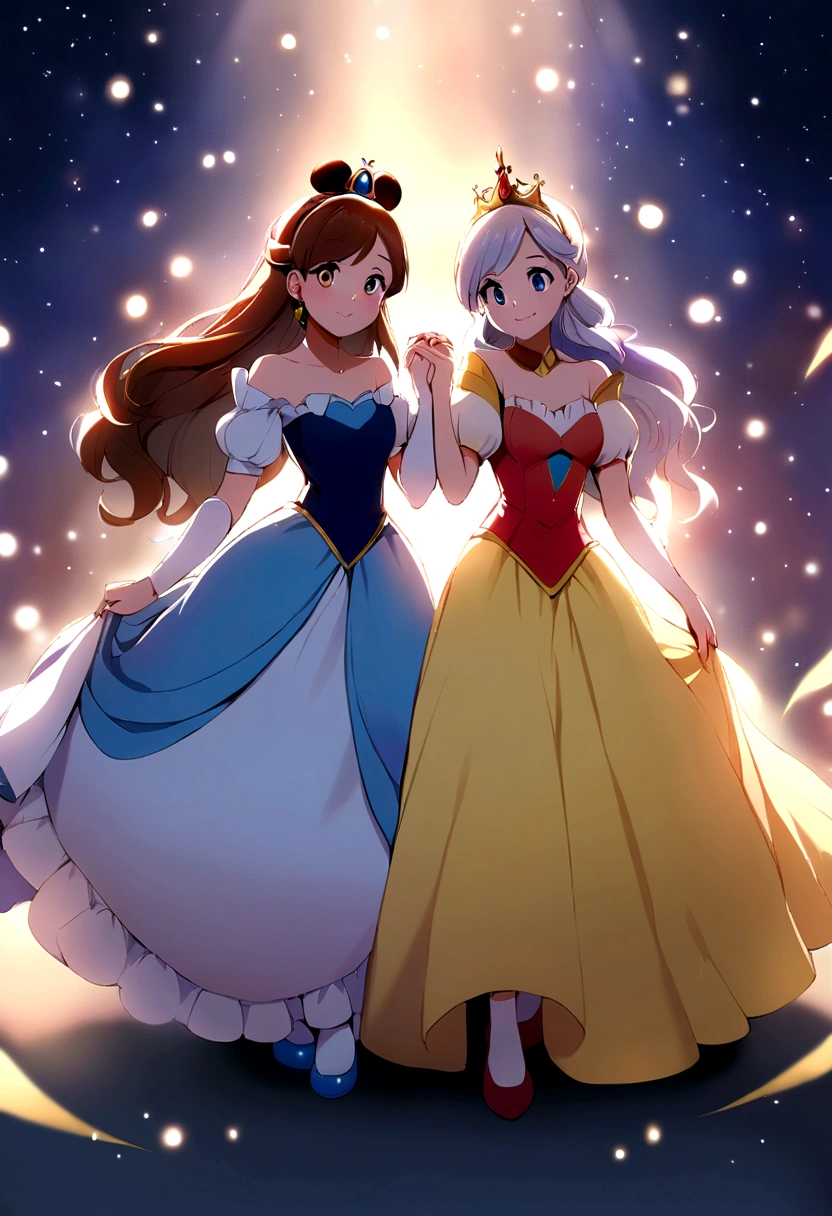 Two girls posing and holding hands wearing Disney princess dresses