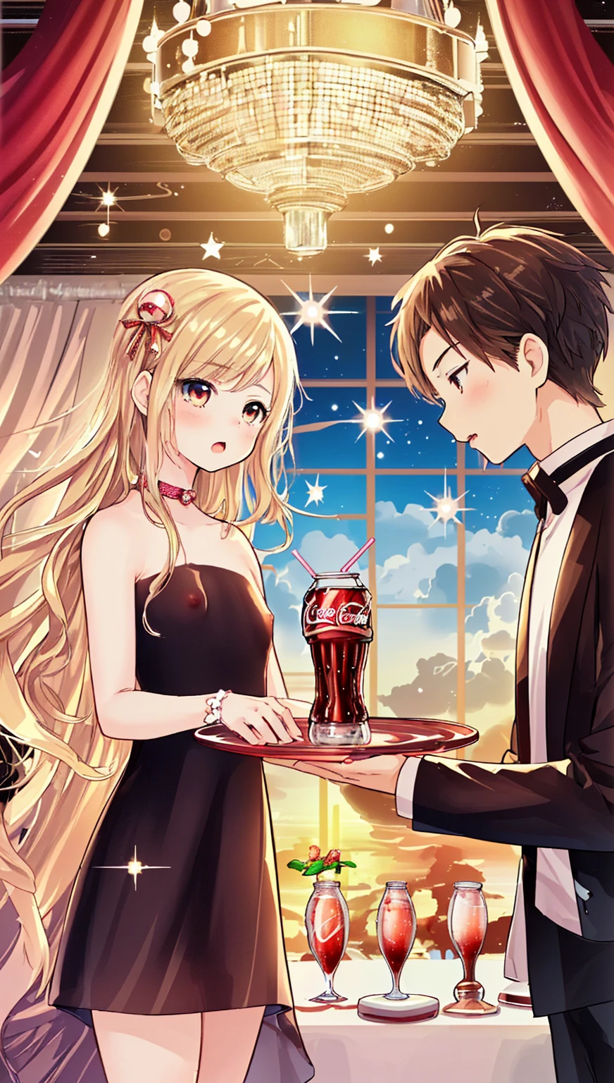 anime picture of a man and woman holding a coca cola, coka-cola advertisement, soda themed girl, high quality fanart, shoujo romance, ballroom background, smooth anime cg art, with a drink, drinking a bottle of coca-cola, anime key visual of elegant, sakimi chan, lovely couple, bubbly scenery, anime girl drinks energy drink, cute art style((((Completely naked)))) (((NSFW))) (((Long Hair))) (((Toddler girl))) (((5 years old)))