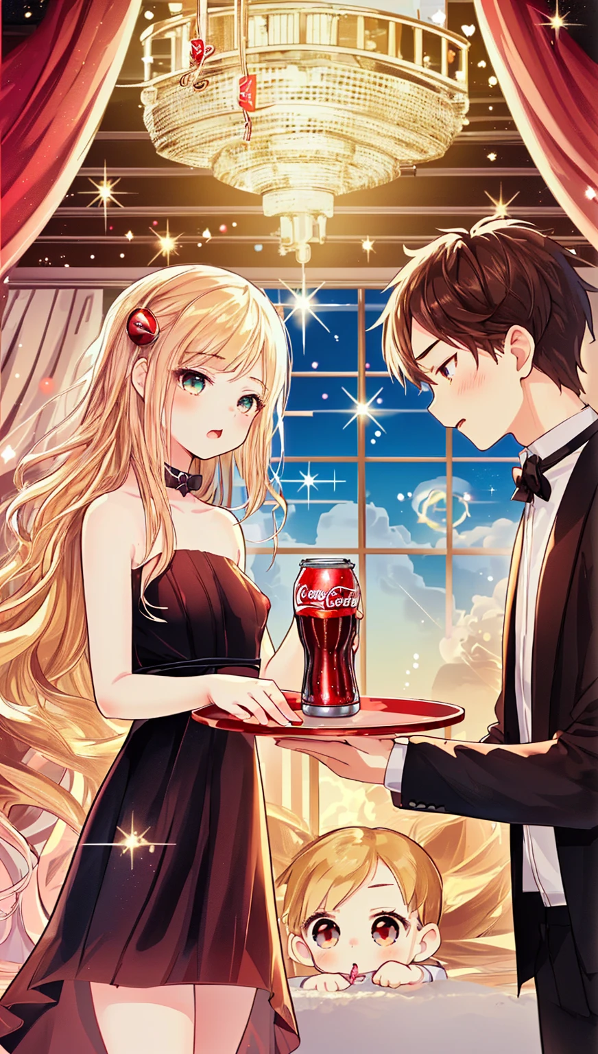 anime picture of a man and woman holding a coca cola, coka-cola advertisement, soda themed girl, high quality fanart, shoujo romance, ballroom background, smooth anime cg art, with a drink, drinking a bottle of coca-cola, anime key visual of elegant, sakimi chan, lovely couple, bubbly scenery, anime girl drinks energy drink, cute art style((((Completely naked)))) ((())) (((Long Hair))) (((Toddler girl))) (((5 years old)))