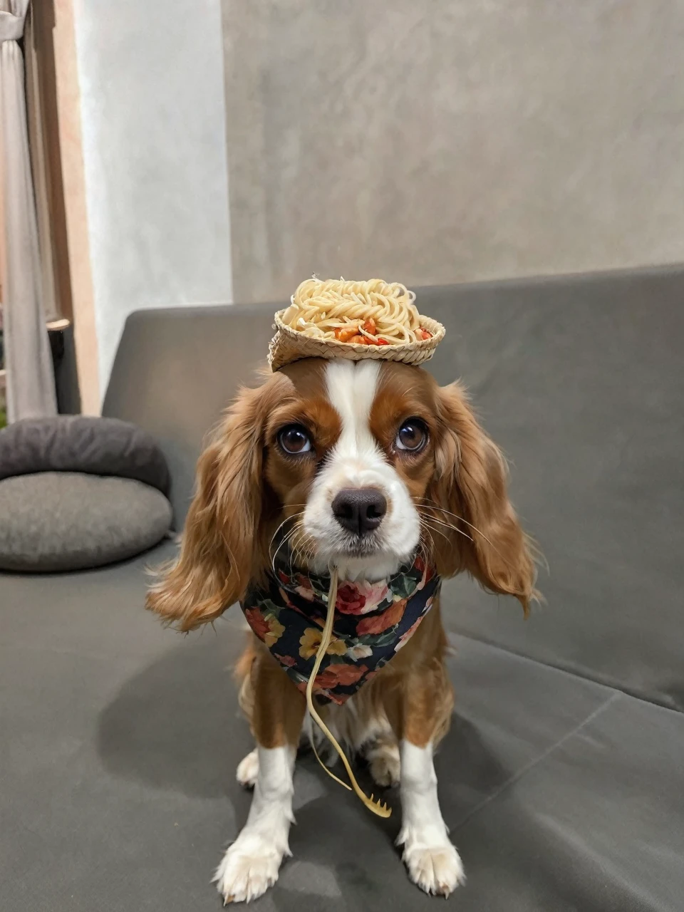 Portrait of a cavalier king dog, maroon, eating pasta, ear details, Beautiful eyes, filhote, furry paws, straw hat, with June party clothes, in a weight of dinners, come flowers, beautiful landscape of a restaurant, macaroni on a plate, little paws picking up a fork and going to its mouth, lady and the tramp movie