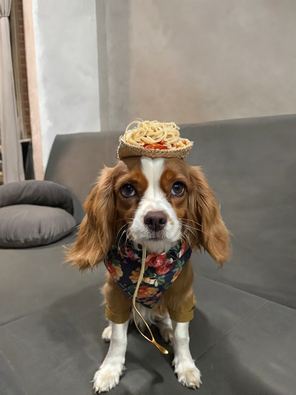 Portrait of a cavalier king dog, maroon, eating pasta, ear details, Beautiful eyes, filhote, furry paws, straw hat, with June party clothes, in a weight of dinners, come flowers, beautiful landscape of a restaurant, macaroni on a plate, little paws picking up a fork and going to its mouth, lady and the tramp movie