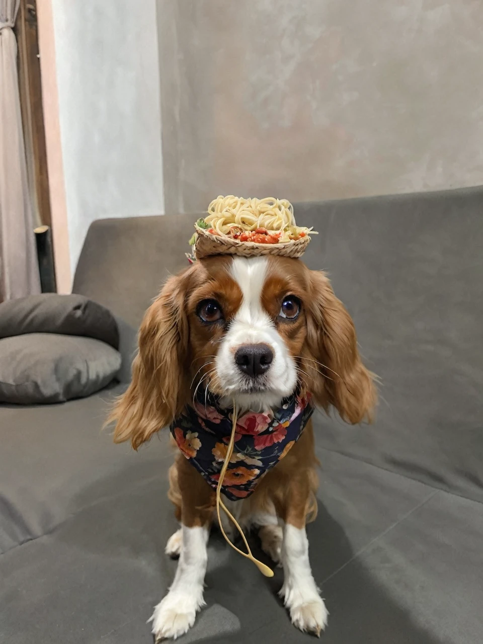 Portrait of a cavalier king dog, maroon, eating pasta, ear details, Beautiful  eyes, filhote, furry paws, straw hat, with June party clothes, in a weight of dinners, come flowers, beautiful landscape of a restaurant, macaroni on a plate, little paws picking up a fork and going to its mouth, lady and the tramp movie 