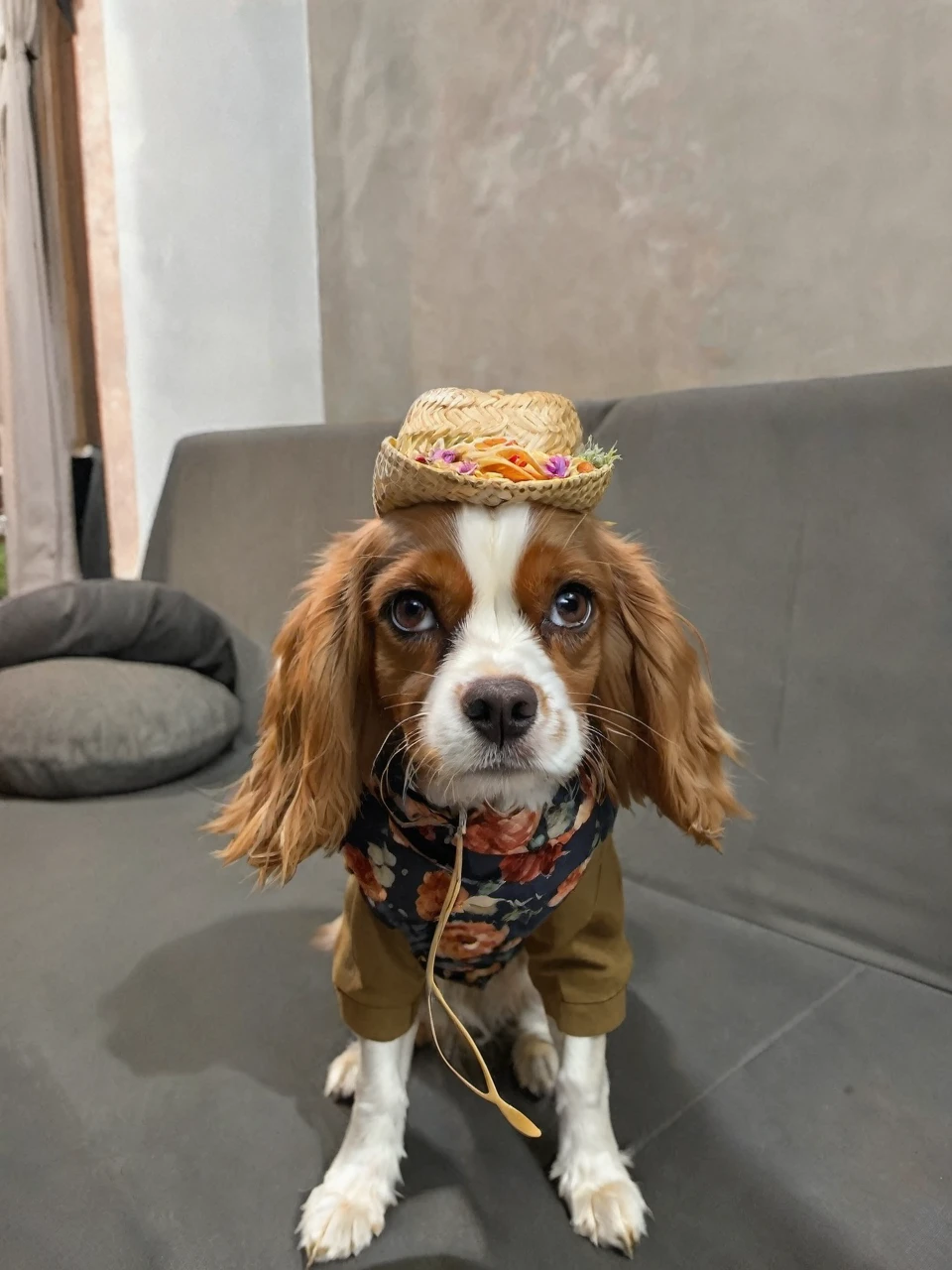 Portrait of a cavalier king dog, maroon, eating pasta, ear details, Beautiful  eyes, filhote, furry paws, straw hat, with June party clothes, in a weight of dinners, come flowers, beautiful landscape of a restaurant, macaroni on a plate, little paws picking up a fork and going to its mouth, lady and the tramp movie 