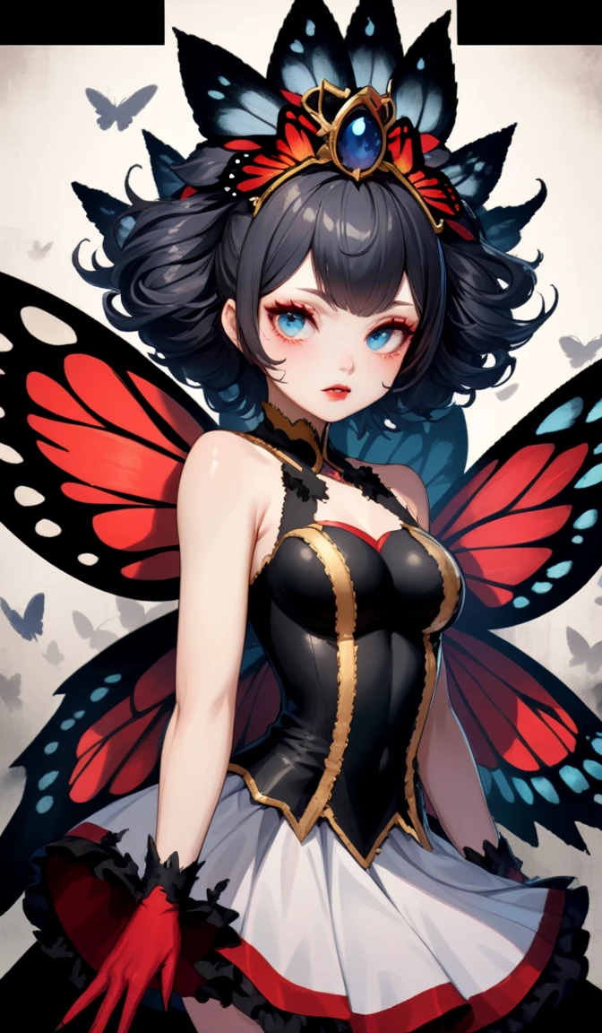 atmosfera sanguinária terror devil black red butterfly fairy and colorful mix  (red, black, white) butterflies around her. sexy Sasuke + bulma peitos grandes fênix power chamas negras Magnificent butterfly wings. Colorful mix stars red on the head. Light colored big eyes. Eyes and pupils should be symmetrical. Look at the camera. Pink and blue tulle dress with top and white skirt. Full lips. Close-up portrait. Centered image. I don't want jewelry. Elegant face. Ink drawing. Watercolor. Hyperrealism. Fantastic. Fantasy. Naturalism. Surrealism. Pop Surrealism. Absurd. Close-up portrait. Centered image. Perfect pose. Admirable. I don't want jewelry. Flawless beauty. Rare beauty. Mysterious. A dreamy fairy tale. Storybook illustration. A masterpiece of small details. Sharp focus. Ultra detailed. Dynamic pose. Fluent. Energetic. Organic. Atmospheric. Perfect synchronization of soft colors and vivid colors. 60-30-10 rule. The image must have a mysterious look and an incredible masterpiece quality. Ultra detailed. Soft palette. Transition from tone to tone. Super details. Pay close attention to small details. Ultra-fine details that capture every texture. The macro should provide details. Super detailed texture. Realistic texture design. Luxurious details. It must be absolutely perfect. Cinematic effects must be applied. The proportions of objects must match the aspect ratio of the screen. It must be UHD (Ultra High Definition format). High quality. 32k Ultra HD, ultra realistic. 35mm Fuji Film. Pino Daeni style.  Brooke Shaden style.  Michael Hussar style. Gerald Brom style. 