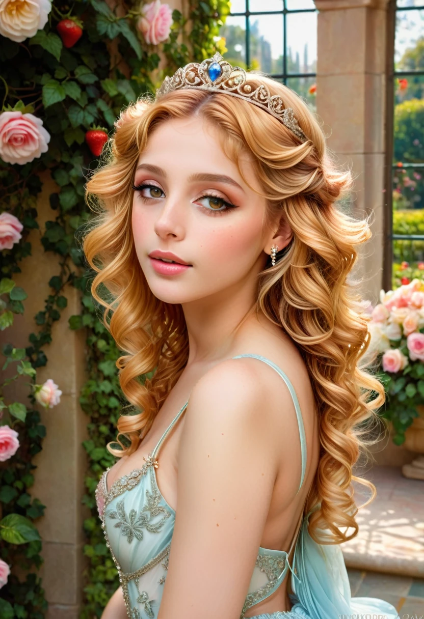 princess in blissful languor, beautiful detailed eyes, beautiful detailed lips, flowing gown, dreamy expression, golden hair cascading down, sparkling tiara, strawberry blonde curls, royal palace, soft sunlight filtering through stained glass windows, exquisite chandelier lighting, romantic atmosphere, vibrant colors, Mediterranean garden, fragrant flowers in full bloom, fountain with dancing water, whispering breeze, whimsical butterflies fluttering around, faint sound of birds chirping, lush greenery, ivy-covered trellis, endless rows of blooming roses, Prince Charming's irresistible presence, anticipating love and happiness, (best quality, 4k, 8k, highres, masterpiece:1.2), ultra-detailed, (realistic, photorealistic, photo-realistic:1.37), romantic portrait style, soft pastel color palette, dreamy lighting, ethereal ambiance