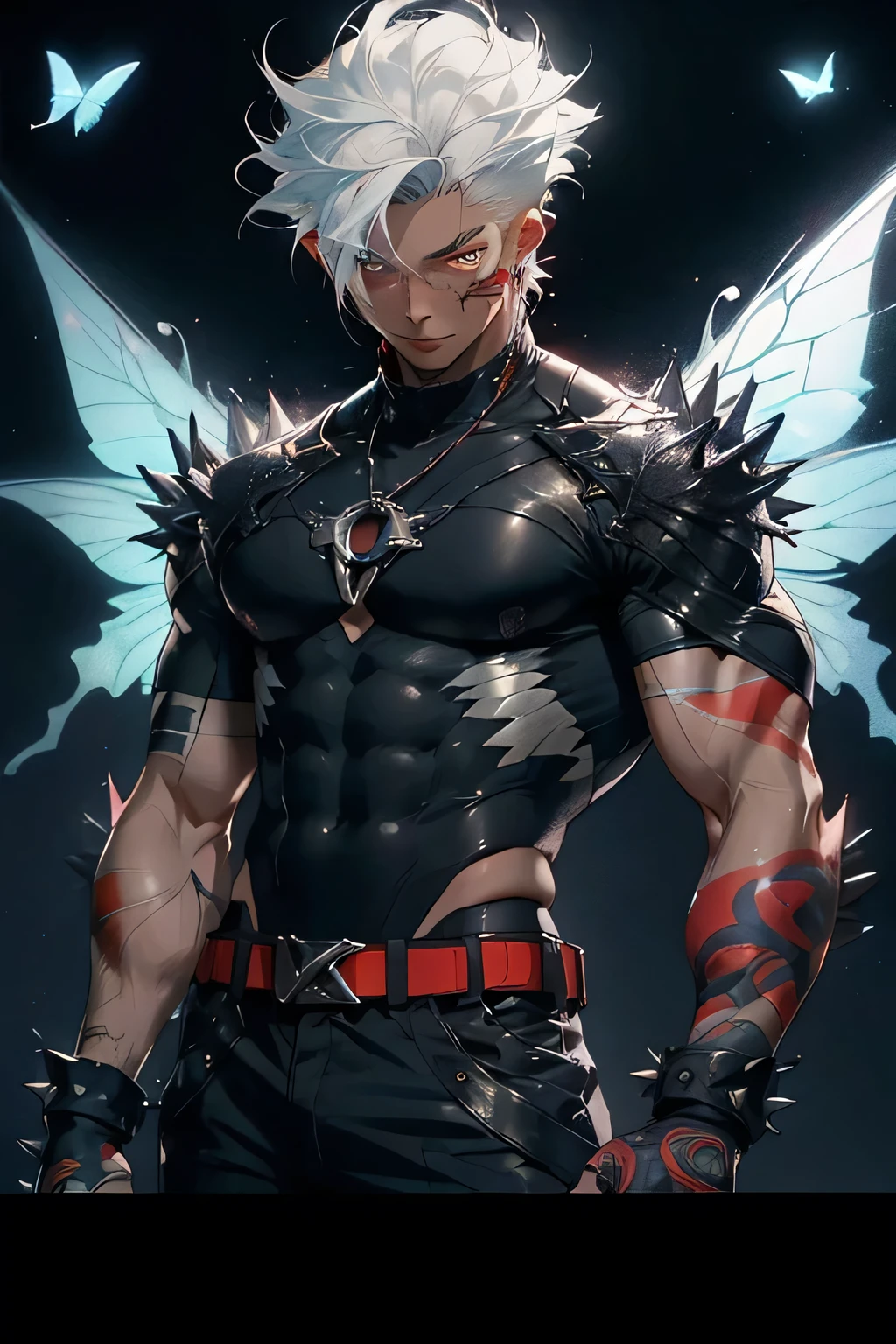 1 teenager, single boy, man, spiky hair, spiky hair, white hair, albino, red locks, red lock on one side of the face, tanned skin, red eyes, scars on the left eye, scars on the body, suit leather, butterfly wings, wings of fire, muscular body, athletic body, manly, fantasy (artwork) (high quality) (fairy)