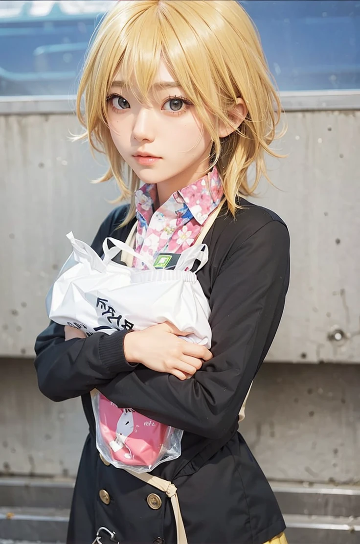 1girl, yoshino koiwai, blonde hair, realistic, , plastic bag 