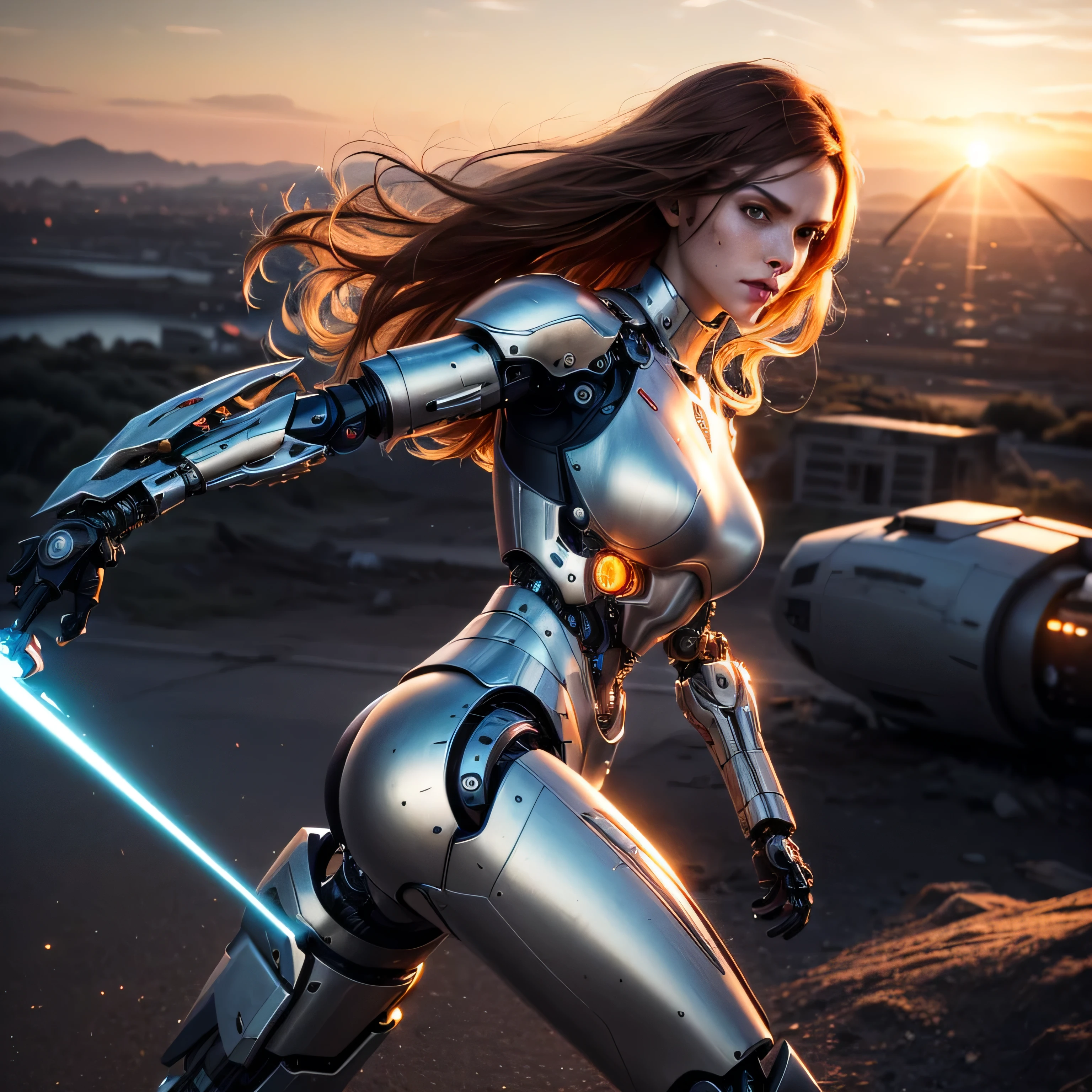 (masterpiece, photorealistic:1.4, extremely intricate:1.3), (photon mapping, radiosity, physically based rendering, ultra resolution, hyper-realistic, hyper-realistic, 8K, (dtx)), muscular girl, ((lacquered white perfectchainmail armor:0.8, ((mechanical limbs, cybernetic arms, futuristic cyborg, ((weapon)))), intense, [skin detail:freckles:0.8])), metal reflections, outdoors, sunset, background futuristic battlefield, far away city destruction, god rays blasting a crater, professional photograph, (long straight ginger hair, wind, windy, running dynamic movement pose, arm raised), sharp focus, dramatic, award winning, (film grain, bokeh, interaction)