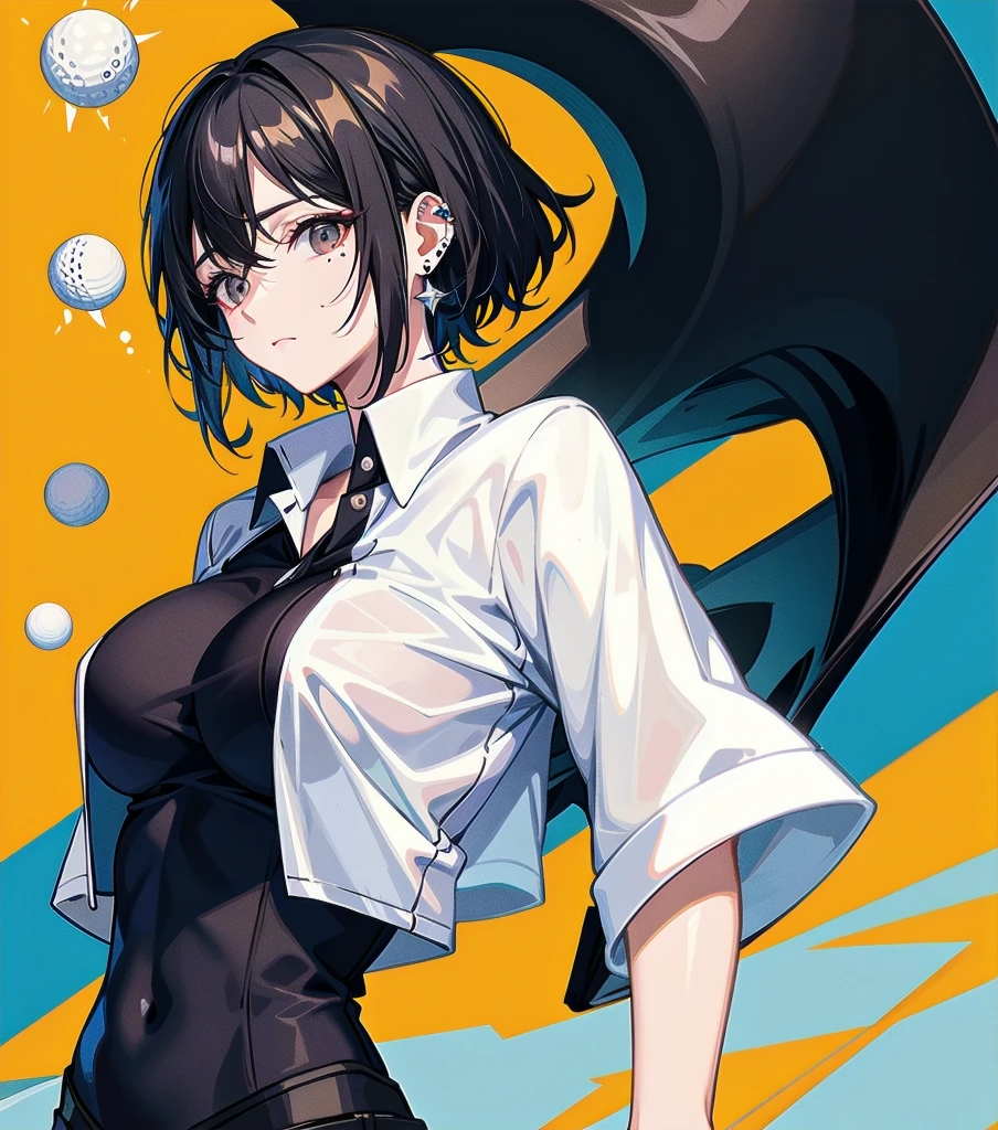 whole body, delicate facial features, big tits, medium hair, black hair, tearful mole, earring, golf uniform,