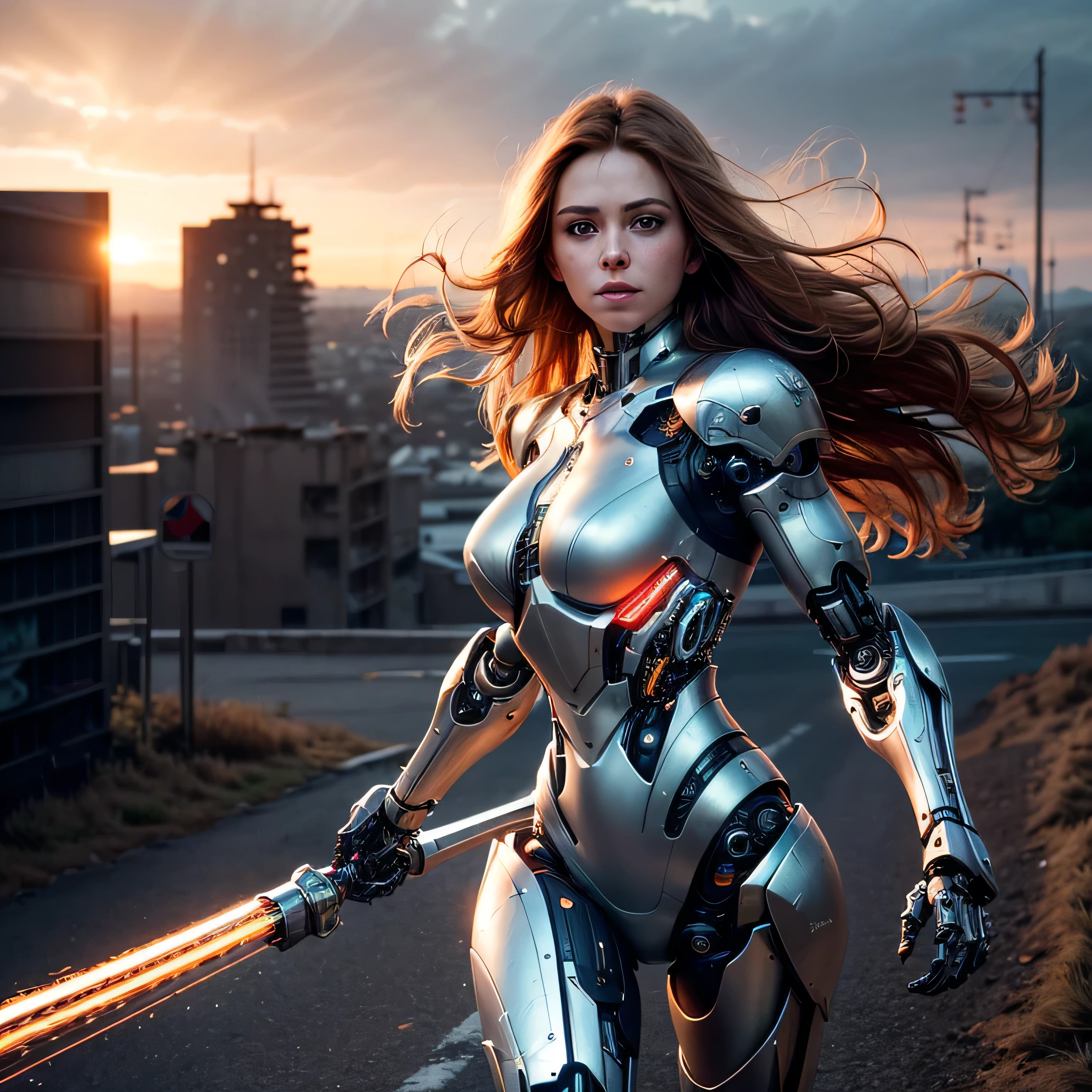 (masterpiece, photorealistic:1.4, extremely intricate:1.3), (photon mapping, radiosity, physically based rendering, ultra resolution, hyper-realistic, hyper-realistic, 8K, (dtx)), muscular girl, ((lacquered white perfectchainmail armor:0.8, ((mechanical limbs, cybernetic arms, futuristic cyborg, ((weapon)))), intense, [skin detail:freckles:0.8])), metal reflections, outdoors, sunset, background futuristic battlefield, far away city destruction, god rays blasting a crater, professional photograph, (long straight ginger hair, wind, windy, running dynamic movement pose, arm raised), sharp focus, dramatic, award winning, (film grain, bokeh, interaction)