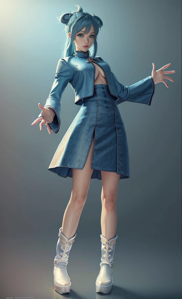 Blue Hair Surrealism, Character table, Reference Table, Standing painting, 8K, Super Detail, 1080P, Women HD, 4K, 8K, 16K, high resolution, best quality, high quality, Anatomically correct, masterpiece, precise, Ultra HD，grace，Unreal Engine，Delicate face，Long braids，slim，Long legs，miniskirt