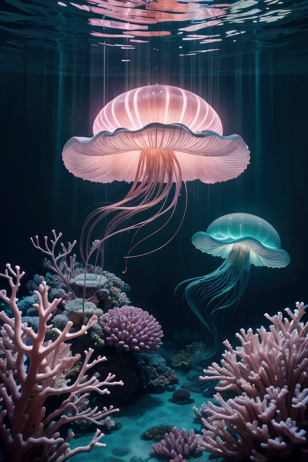 the jellyfish with its pink lights and its tail shining on a background of crystal clear waters, in the style of contemporary animal sculptures, manipulated photography, dark magenta and dark emerald, plastic, portraits of animals with character, surreal installations, fantastic creatures in A high profile photo against the vibrant background of a coral reef. Sony A7III, 60mm lens, f/3.5, ISO 200