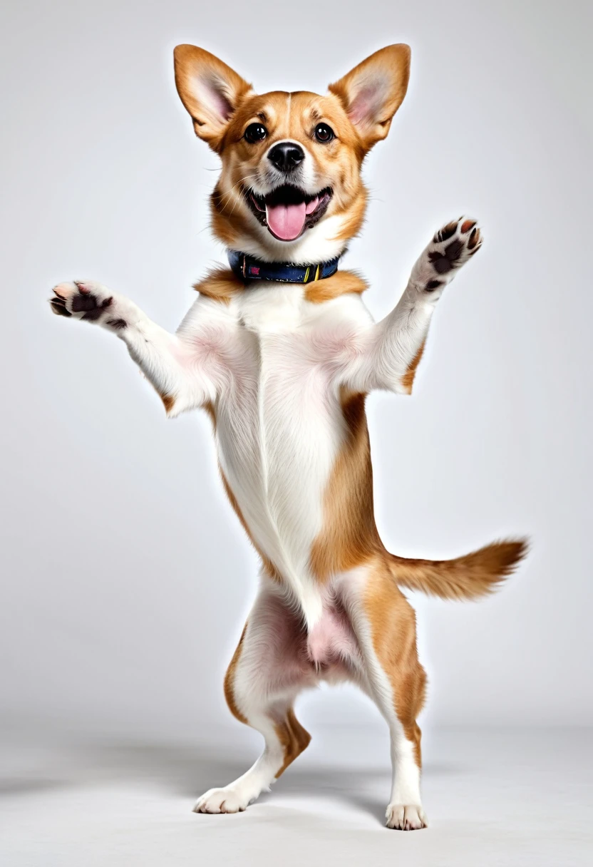 Cute dog，Standing on hind legs，With open arms，Highest quality，masterpiece，live-action，No background，White background