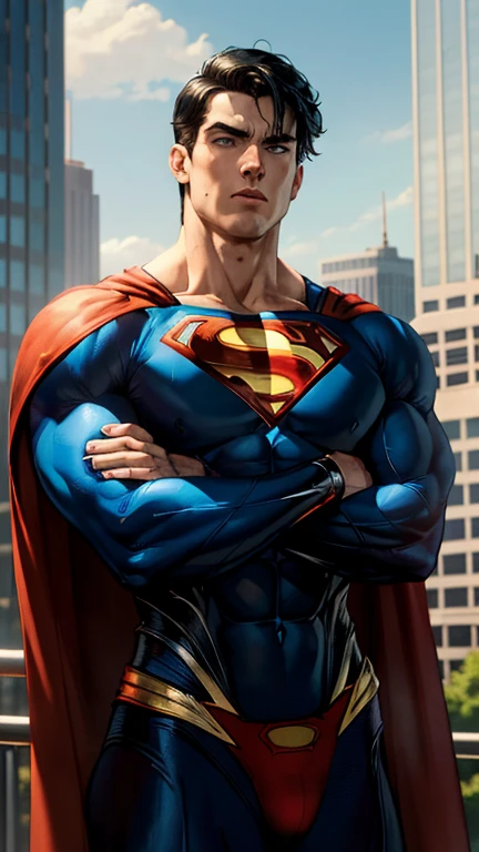 1boy, superman, abs, bara, black hair, blue bodysuit, blue eyes, bodysuit, cape, closed mouth, crossed arms, large pectorals, male focus, muscular, muscular male, pectoral lift, pectorals, red cape, short hair, outdoors, skyscrapers, solo, superhero, upper body , ((masterpiece))
