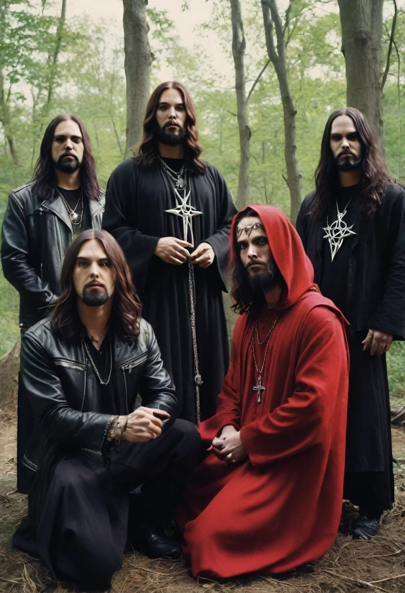 Jesus Christ taking photos with a satanic metal band.  Cinematic antireligious , ultrarealism 