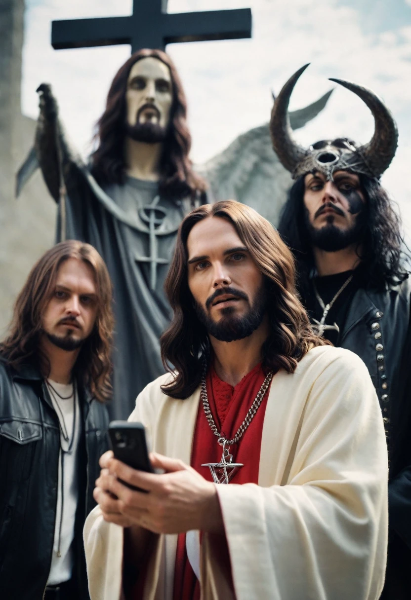 Jesus Christ taking photos with a satanic metal band.  Cinematic antireligious , ultrarealism 