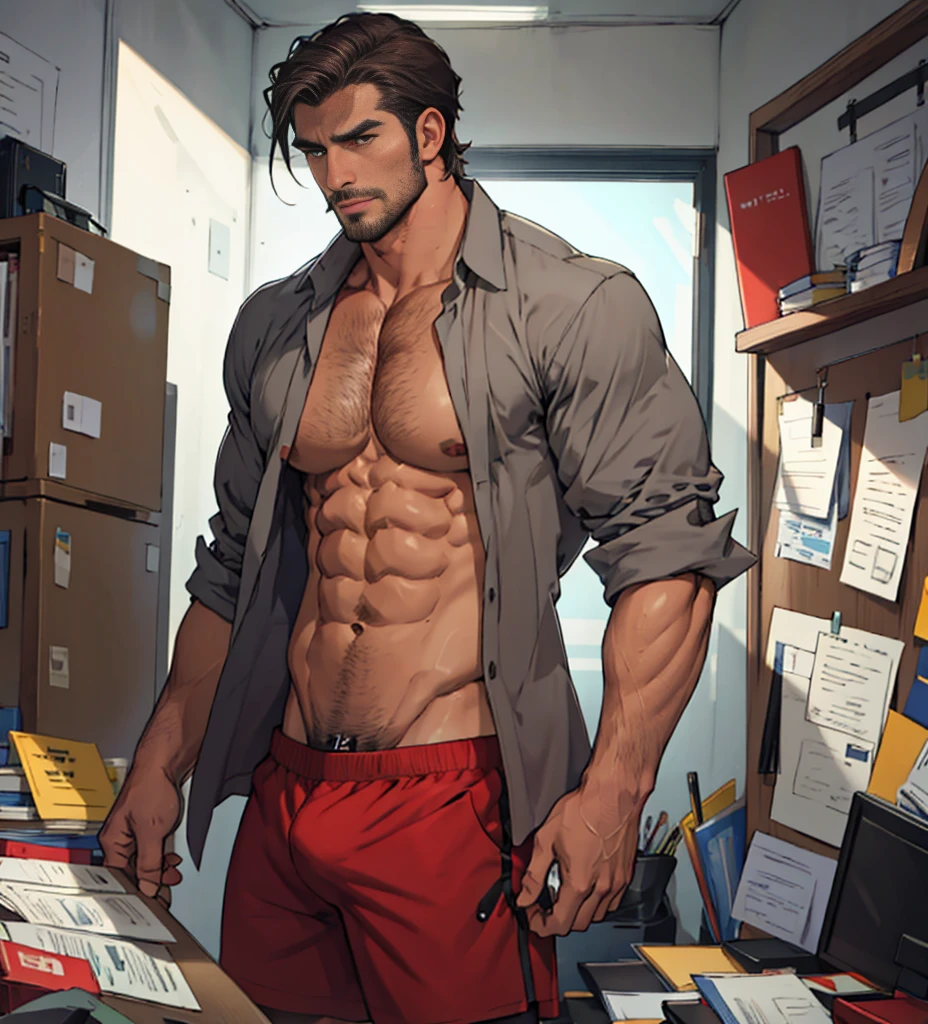 Ruggedly handsome older man, DILF, wearing boxers, bare chest. Dominant, Confident, gentleman, brooding, solo shot, office