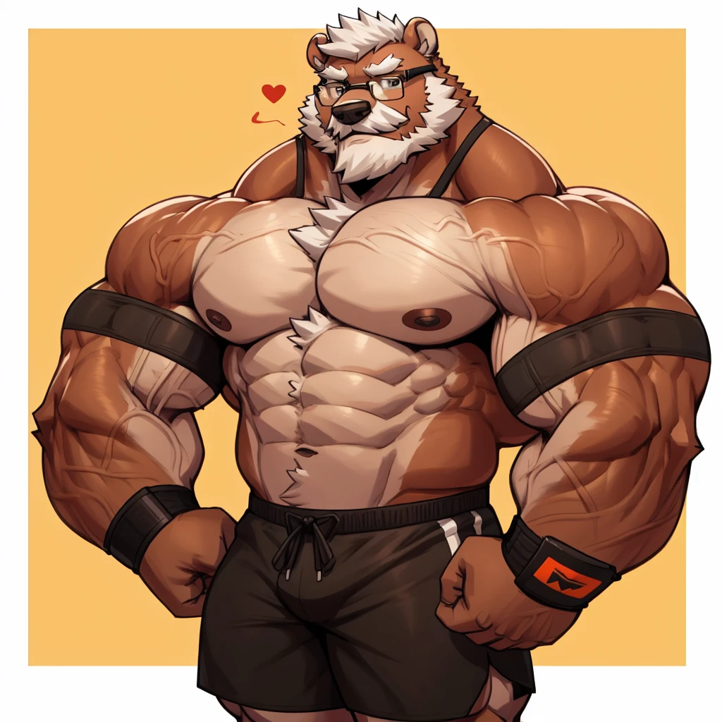 solo, 1boy, Huge Muscular Old Grizzly Bear wearing glasses , pectoral, huge pectoral, wide pectoral, short white hair, short pants, black wristbands, armband heart rate Monitor and shirtless, bearded, Mustache, simple background, masterpiece, high detailed, 8k, high resolution, at the gym, flexes his huge bulging muscles, veins popping
