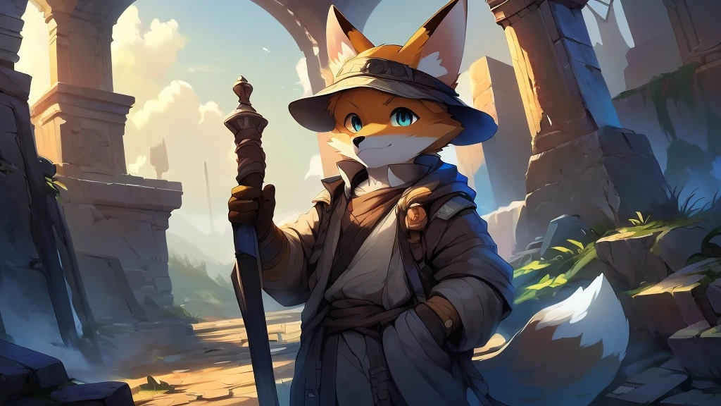 top quality, best quality, masterpiece, super high resolution, detailed background, Old Ruins, Dungeons(highly detailed beautiful face and eyes)absurdres, perfect anatomy(handsome 1boy, kemono, solo focus, labo coat)(furry)(furry anthro:1.7)(Furry body, fox facial features, fox body features)(very detailed body fur)full body, Dirty Coat and Hat, holding Torch,
