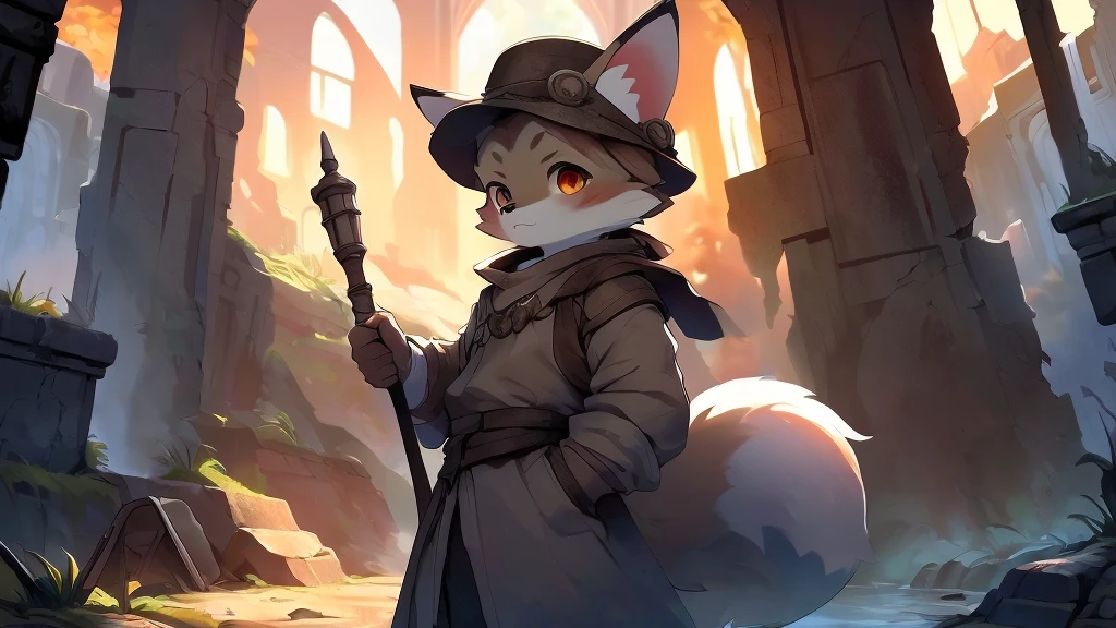 top quality, best quality, masterpiece, super high resolution, detailed background, Old Ruins, Dungeons(highly detailed beautiful face and eyes)absurdres, perfect anatomy(handsome 1boy, kemono, solo focus, labo coat)(furry)(furry anthro:1.7)(Furry body, fox facial features, fox body features)(very detailed body fur)full body, Dirty Coat and Hat, holding Torch,