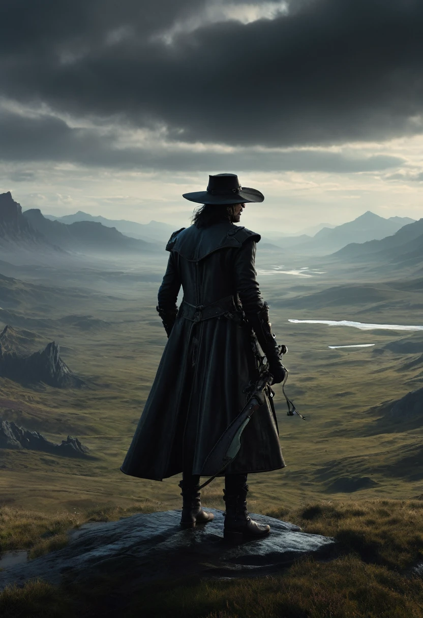 Full-body-shot,Vast landscape,Van Helsing, Dark Fantasy, high detail, hyperrealistic, cinematic frame