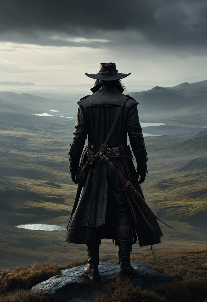 Full-body-shot,Vast landscape,Van Helsing, Dark Fantasy, high detail, hyperrealistic, cinematic frame