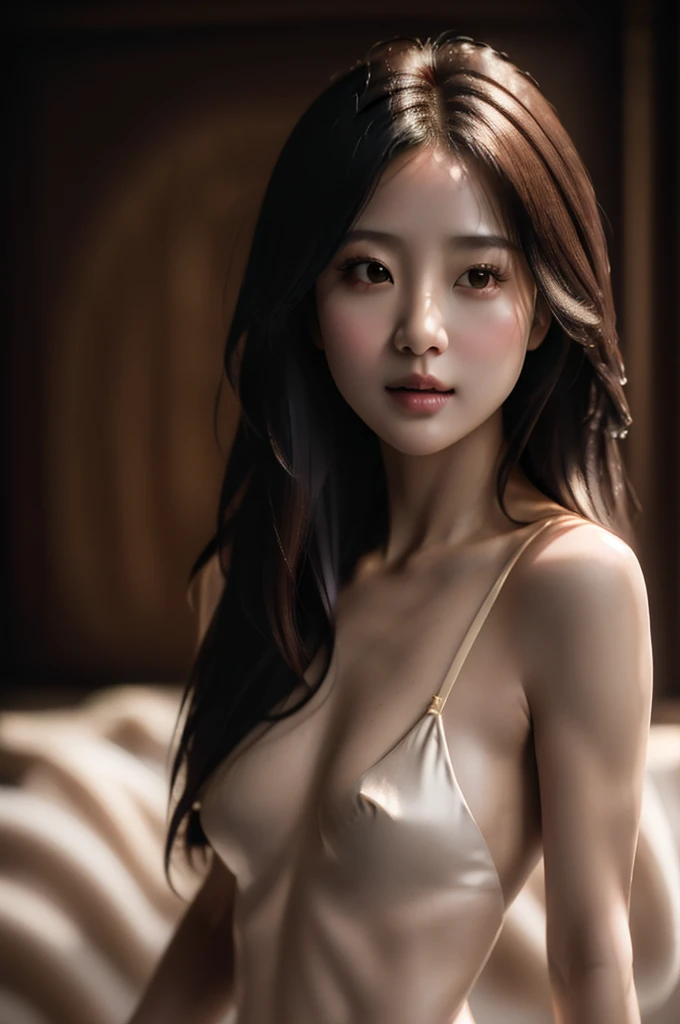 Best portrait photography, RAW photo, 8K UHD, film grain, cinematic lighting, elegant 1girl, (natural skin texture), natural pose, embellishments, cinematic texture, 35mm lens, shallow depth of field, silky long hair, small , sexy p, full body pose, small waist,