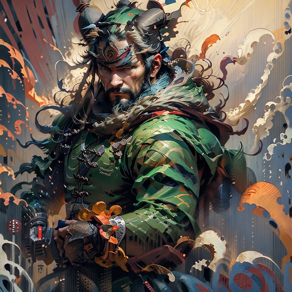 A full-length portrait of Liu Bei in ancient China. His appearance is soft but charismatic. A topknot unique to ancient China and a light green wooden armor.