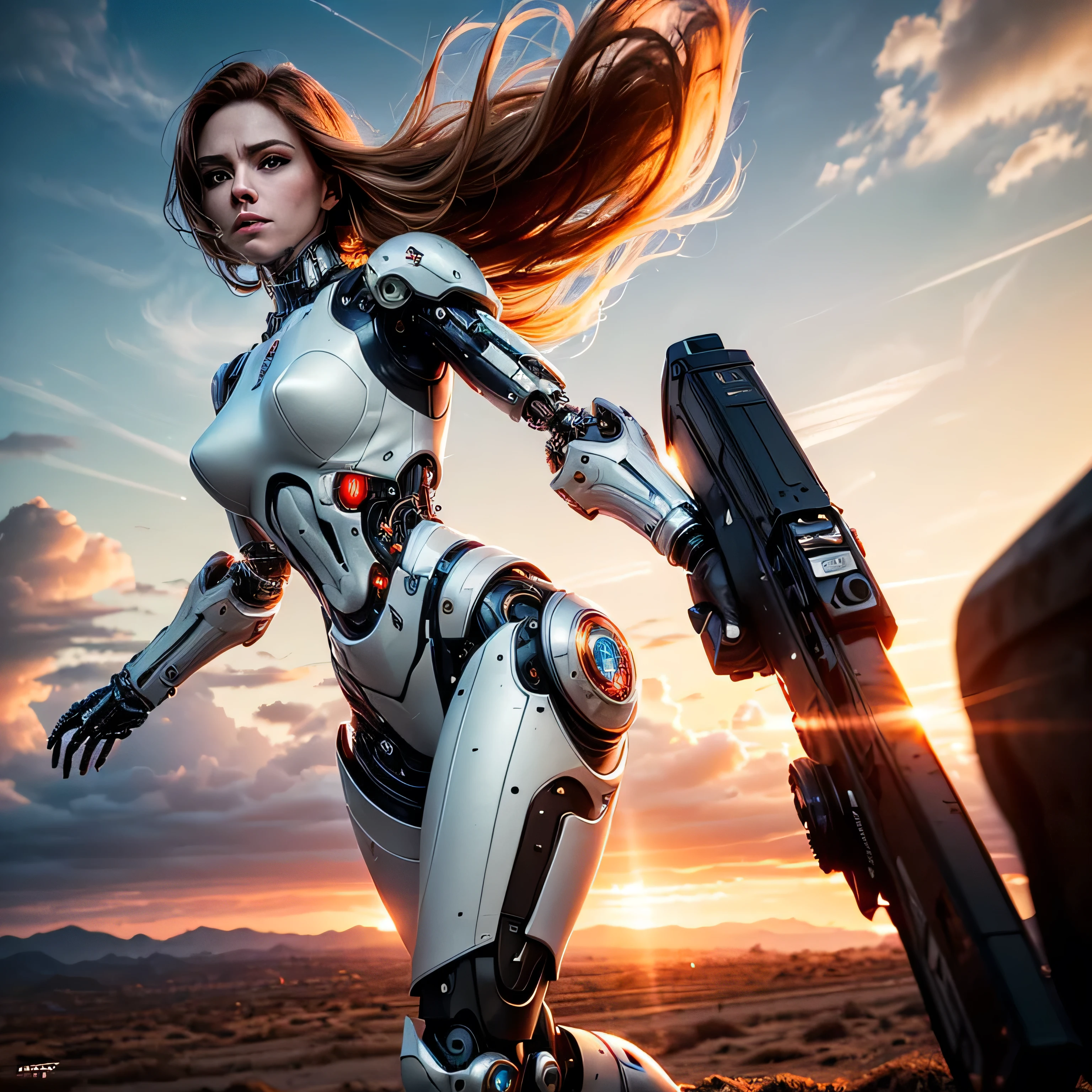 (masterpiece, photorealistic:1.4, extremely intricate:1.3), (photon mapping, radiosity, physically based rendering, ultra resolution, hyper-realistic, hyper-realistic, 8K, (dtx)), muscular girl, ((lacquered white perfectchainmail armor:0.8, ((mechanical limbs, cybernetic arms, futuristic cyborg, ((weapon)))), intense, [skin detail:freckles:0.8])), metal reflections, outdoors, sunset, background futuristic battlefield, far away city destruction, god rays blasting a crater, professional photograph, (long straight ginger hair, wind, windy, running dynamic movement pose, arm raised), sharp focus, dramatic, award winning, (film grain, bokeh, interaction)