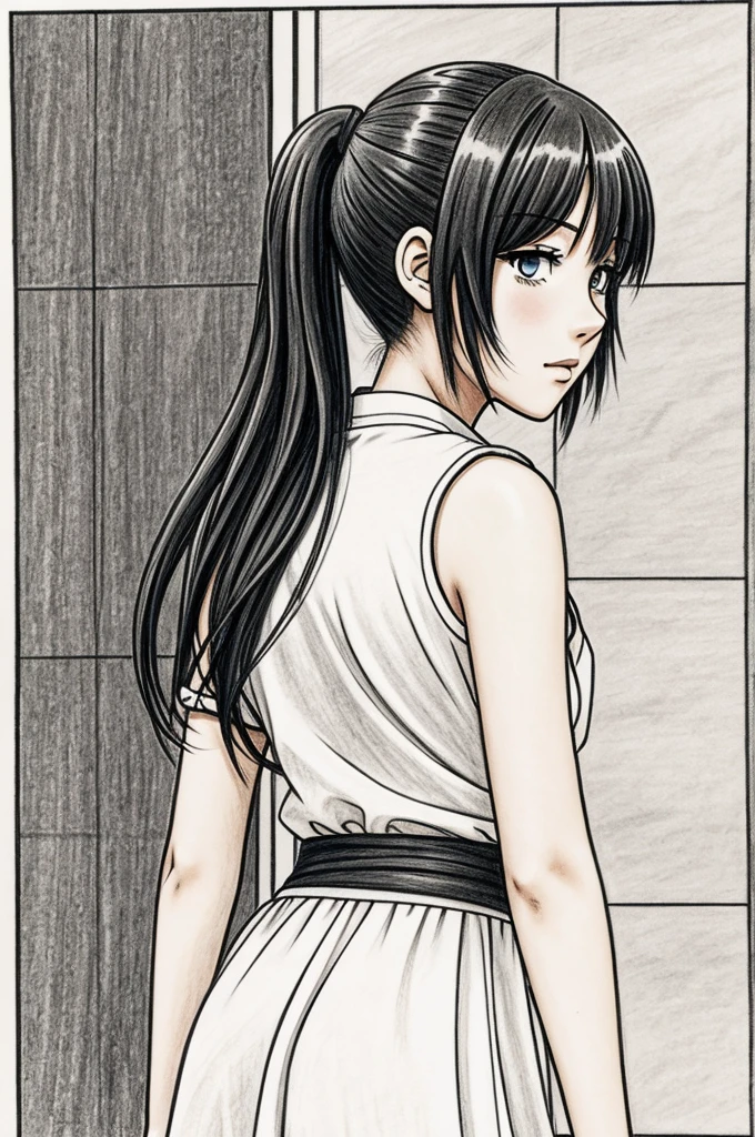 A drawing of an anime style girl turning around