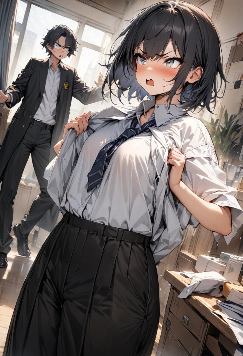 (masterpiece:1.2),(best quality:1.2),(masterpiece, best quality, ultra-high resolution), (1girl), (1 character), A girl angry and surprise, (male school uniform) male pants, oversize clothes, tomboy, short hair, black hair, silver eyes