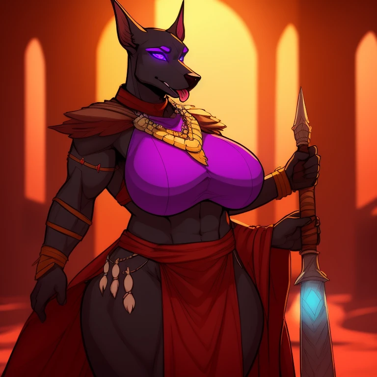 Very_muscular_mature_doberman female dark_brown_two-tone_furry_body, hypnotized with glowing purple eyes,  out, tribal clothes, yellow_tabard, mace misty_breath solo Masterpiece best_quality absurdres highly_detailed cleanly_drawn_eyes anthro_only large_ by_claweddrip, by_greasymojo, by_underscore-b, by_runawaystride