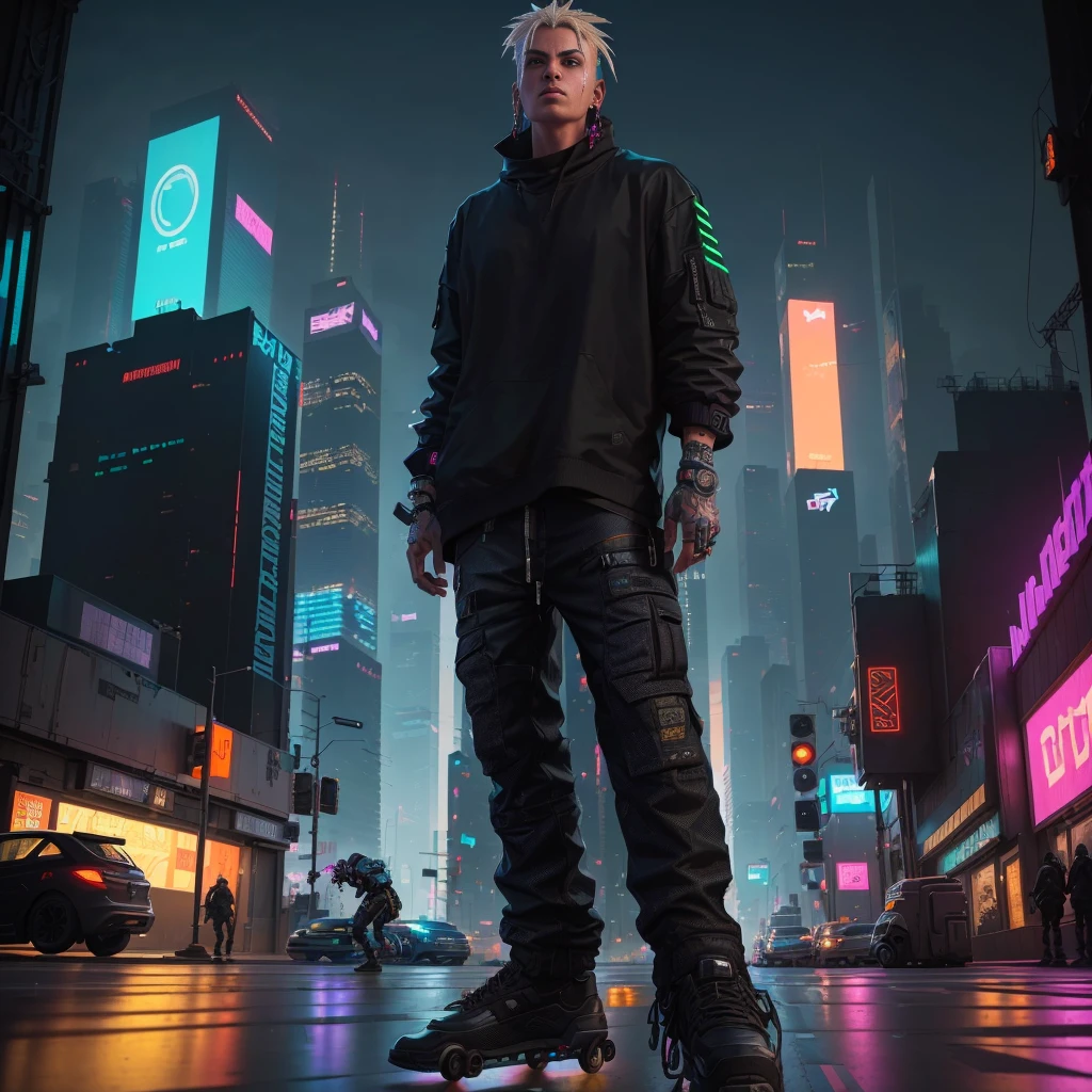 there is a man standing on a skateboard in the middle of a city, cyberpunk street goon, in cyberpunk city, hyper-realistic cyberpunk style, in a futuristic cyberpunk city, in a cyberpunk city, standing in a city center, standing in a city street, at a cyberpunk city, at an cyberpunk city, cargo pants. cyberpunk city, digital cyberpunk anime art