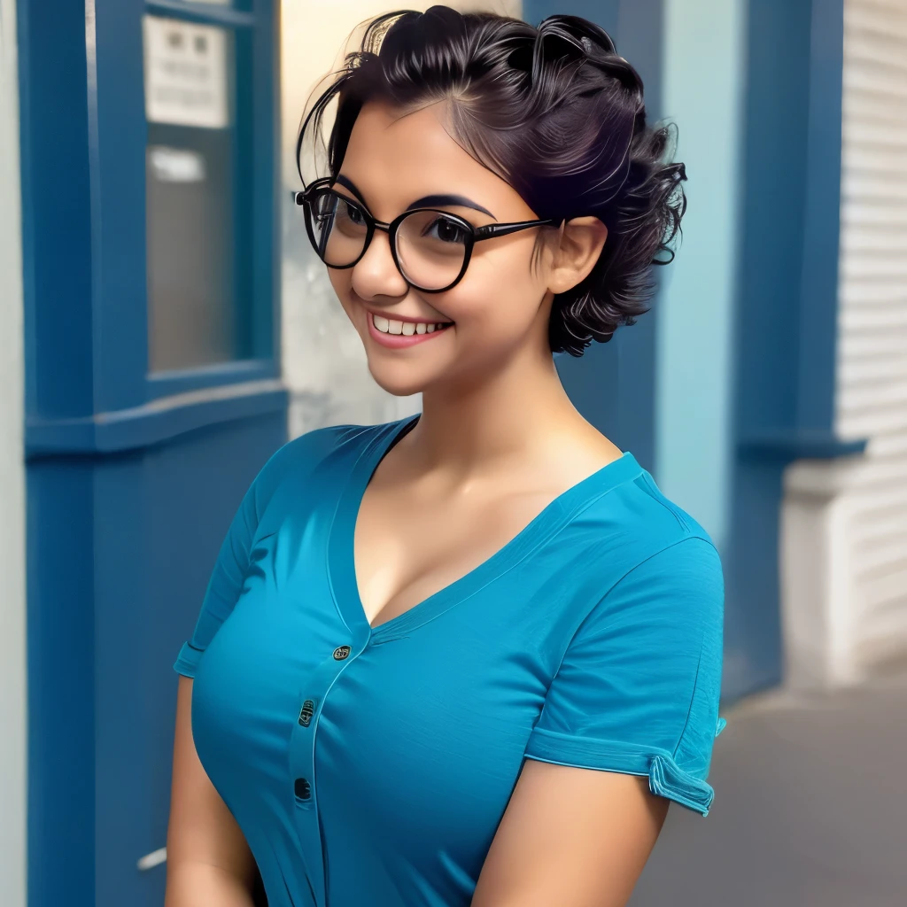 1girl, rounded glasses, big glasses, smiling, looking at the camera, short messy hair, dark-skinned, rounded eyes, cyan blue shirt, black shorts, close up, magazine shot, dynamic pose