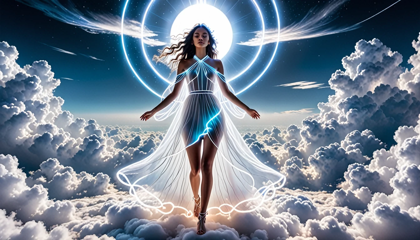 A spiritual being of ethereal beauty, walking on the clouds, white neon outline radiating light over your hands 