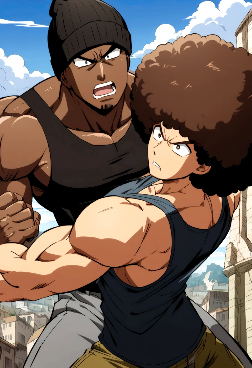 Black man with afro hair gets punched by muscular guy in beanie hat, tank top and brown hair, epic anime style