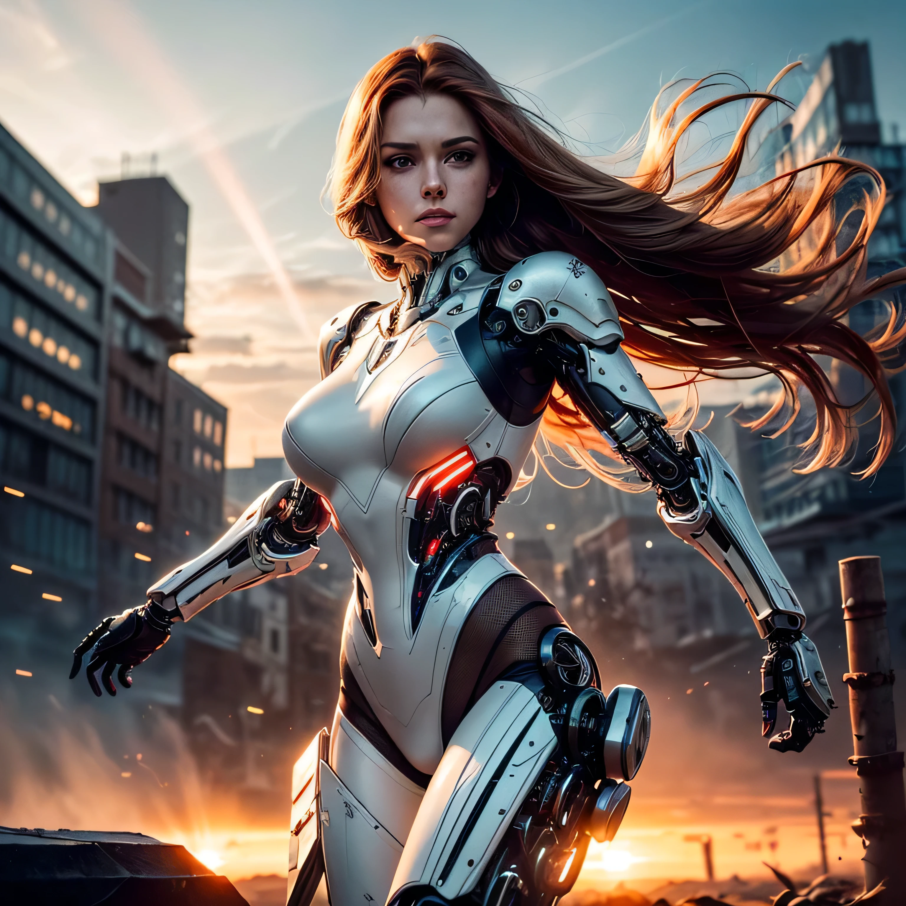 (masterpiece, photorealistic:1.4, extremely intricate:1.3), (photon mapping, radiosity, physically based rendering, ultra resolution, hyper-realistic, hyper-realistic, 8K, (dtx)), muscular girl, ((lacquered white perfectchainmail armor:0.8, ((mechanical limbs, cybernetic arms, futuristic cyborg, ((weapon)))), intense, [skin detail:freckles:0.8])), metal reflections, outdoors, sunset, background futuristic battlefield, far away city destruction, god rays blasting a crater, professional photograph, (long straight ginger hair, wind, windy, running dynamic movement pose, arm raised), sharp focus, dramatic, award winning, (film grain, bokeh, interaction)