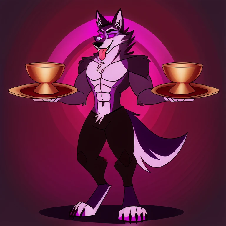 (masterpiece, best quality:1.2), Vortex hellhound, wolf, furry, helluva boss, hypnotized with glowing purple eyes, tongue out, carrying a tray with golden cups full body image