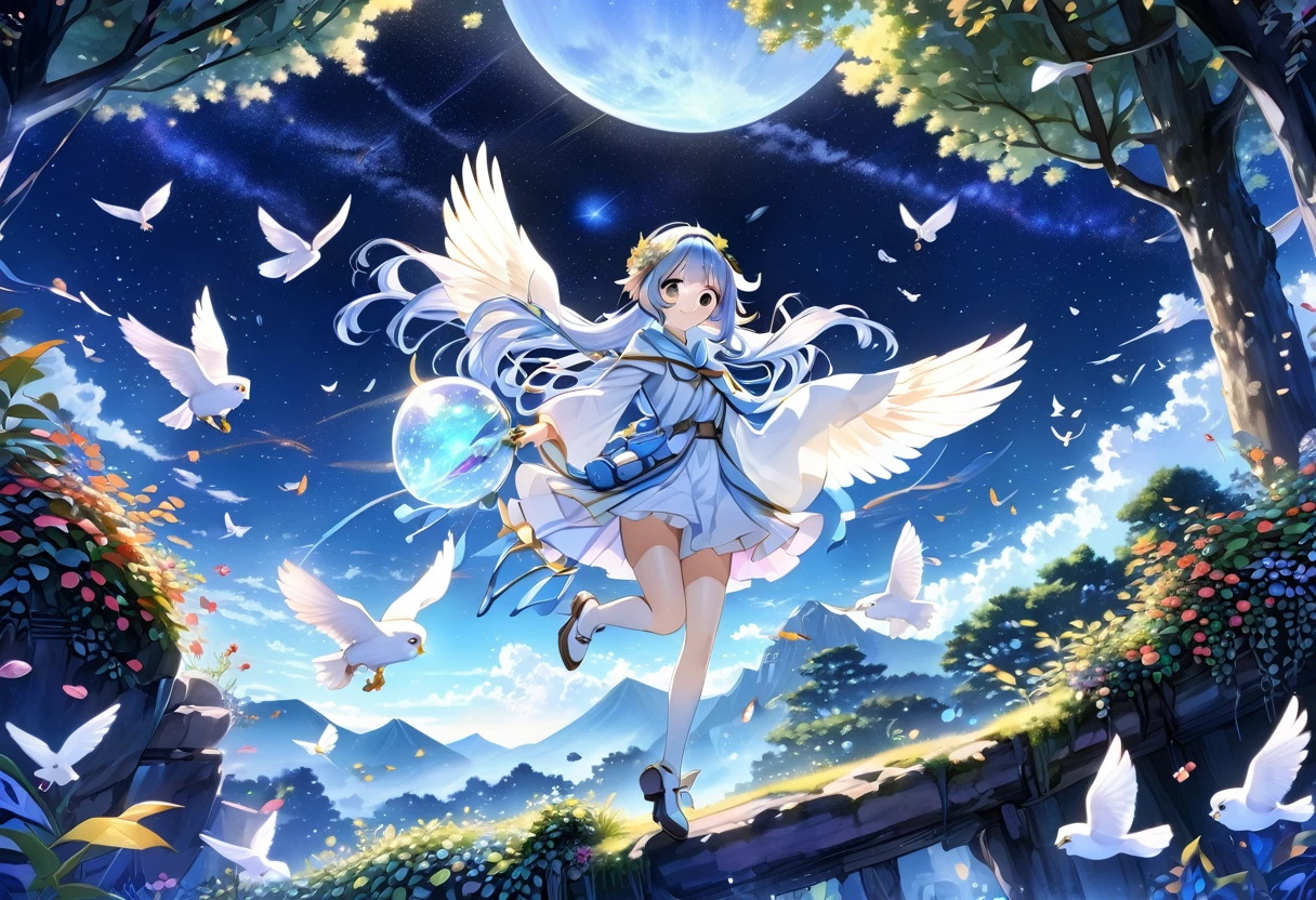 ((Ultra-detailed)), ((Best illustrations)), ((Cinema Lighting)), Dynamic Angle, floating, Are you okay, (flash: 1.2), (Shine: 1.2), (Shine: 1.2), "(Highest quality), 美しい少女のUltra-detailed描写, Light blue long hair、Twin tails、 Great background、Fantasy、Fairy World、In the colorful forest、Surrounded by pure white owls and vibrant plants、Cinematic colors、refresh, Starry Sky、Dazzling moonlight