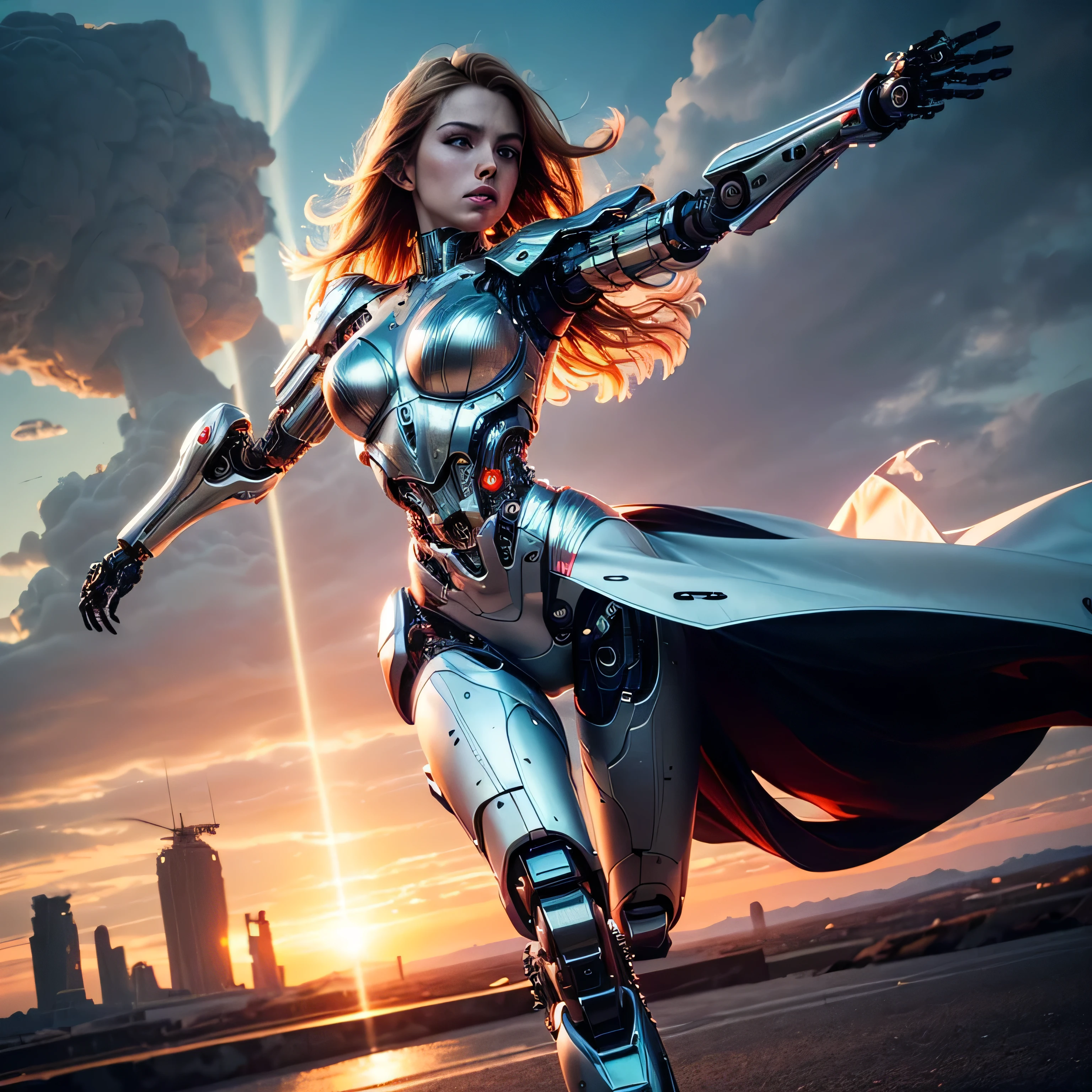 (masterpiece, photorealistic:1.4, extremely intricate:1.3), (photon mapping, radiosity, physically based rendering, ultra resolution, hyper-realistic, hyper-realistic, 8K, (dtx)), muscular girl, ((lacquered white perfectchainmail armor:0.8, ((mechanical limbs, cybernetic arms, futuristic cyborg, ((weapon)))), intense, [skin detail:freckles:0.8])), metal reflections, outdoors, sunset, background futuristic battlefield, far away city destruction, god rays blasting a crater, professional photograph, (long straight ginger hair, wind, windy, running dynamic movement pose, arm raised), sharp focus, dramatic, award winning, (film grain, bokeh, interaction)