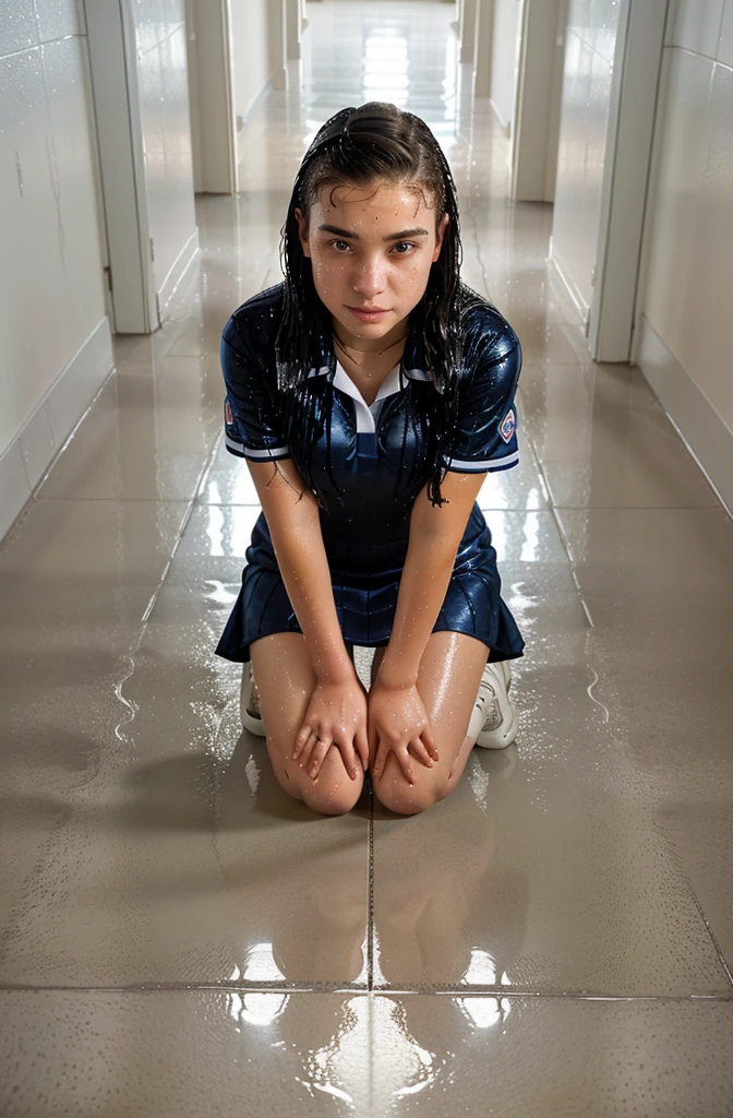 arafed woman kneeling on the floor with a laptop in a hallway, kneeling at the shiny floor, high school, sweeping, age female , wet floors, girl wearing uniform, student, bottom angle, very clean, maintenance, brilliant, portrait shot, photo portrait, wonderful scene, clean, advertising photo, wet floor, young female, wide portrait